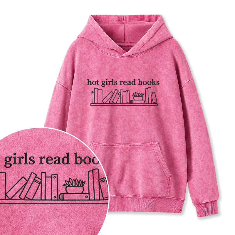 Embroidered Hot Girls Read Books Washed Hoodie