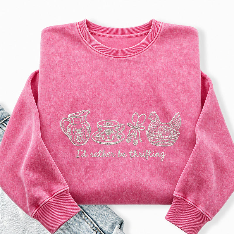 Embroidered I'd Rather Be Thrifting Washed Crewneck Sweatshirt