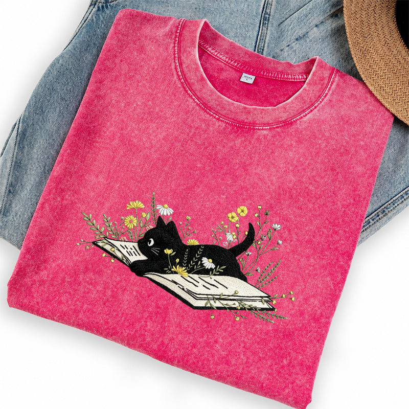 Embroidered Floral Book Cat Washed Crew Neck T-Shirt