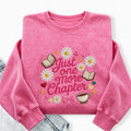 Embroidered Just One More Chapter Flower Washed Crewneck Sweatshirt
