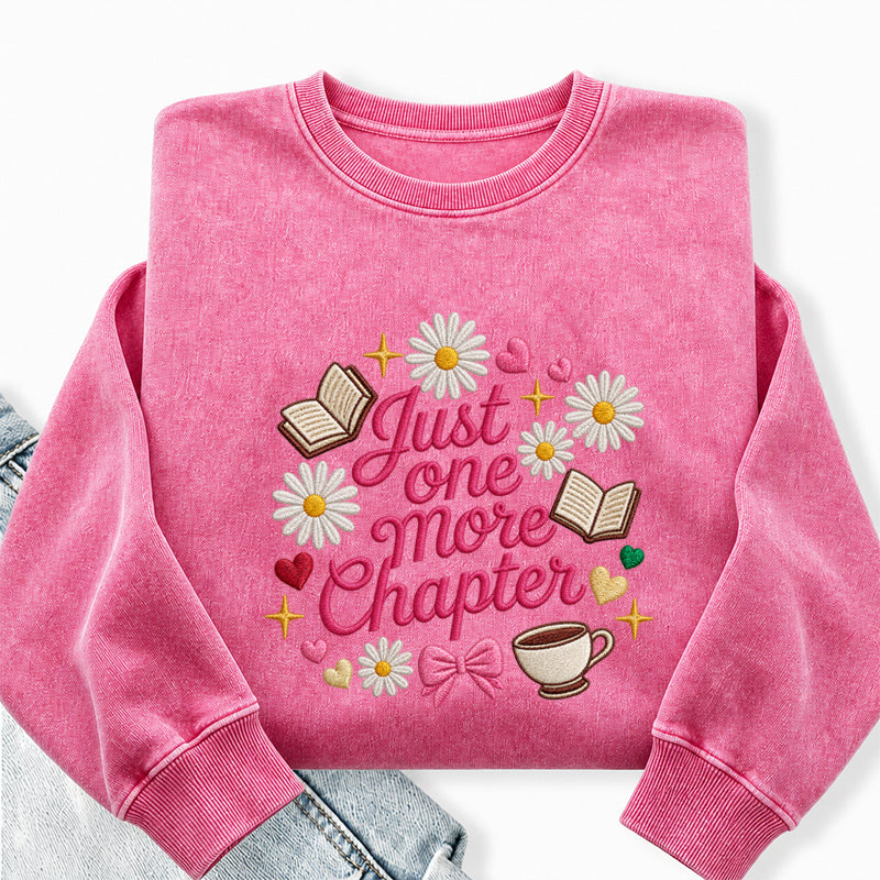 Embroidered Just One More Chapter Flower Washed Crewneck Sweatshirt
