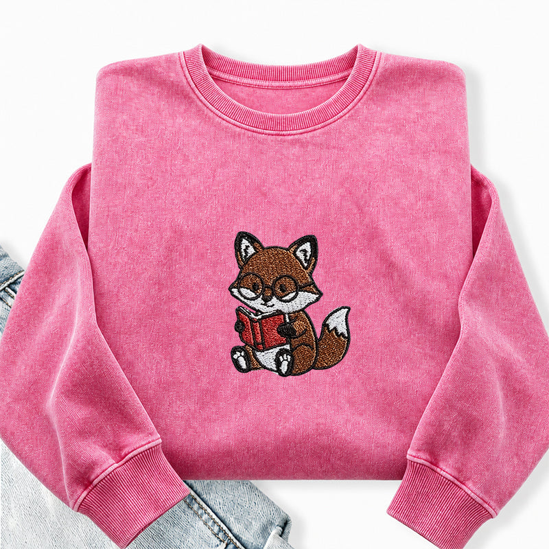 Embroidered Reading Fox Washed Crewneck Sweatshirt