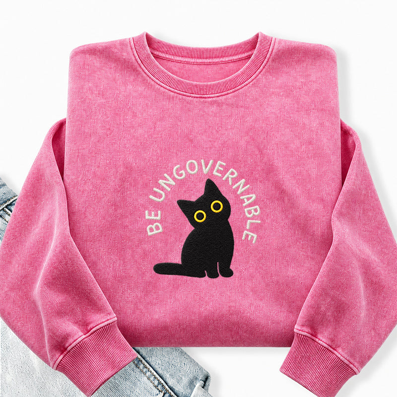 Embroidered Be Ungovernable Black Cat Washed Crewneck Sweatshirt