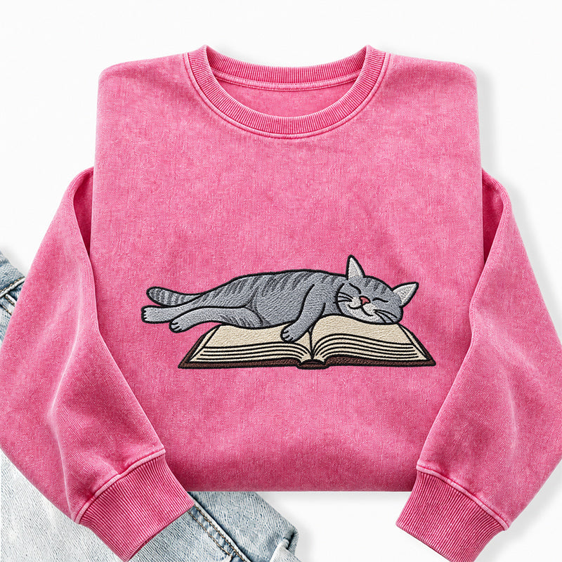 Embroidered Cat Sleeping On Book Washed Crewneck Sweatshirt