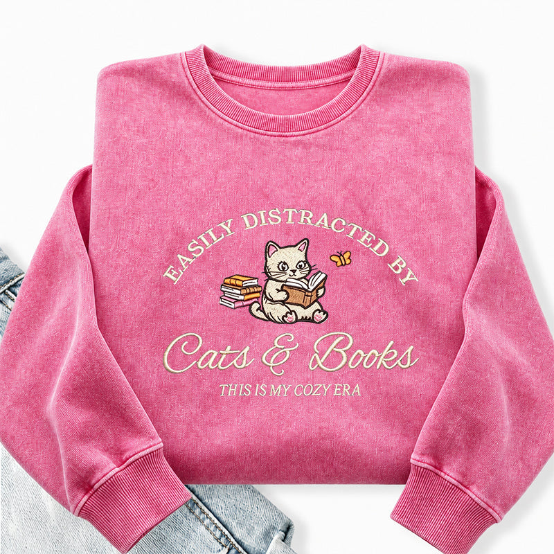 Embroidered Distracted By Cats and Books Washed Crewneck Sweatshirt