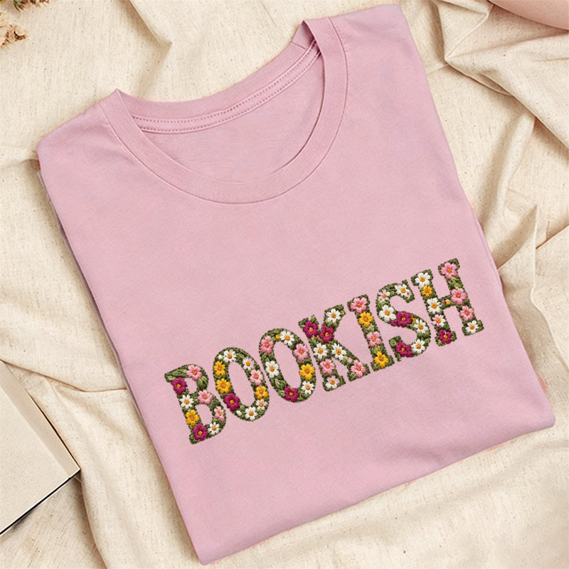 Embroidered Floral Bookish Classic Adult Unisex Crew Neck T-Shirt