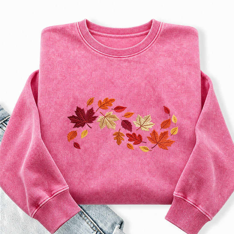Embroidered Autumn Leaves Washed Crewneck Sweatshirt