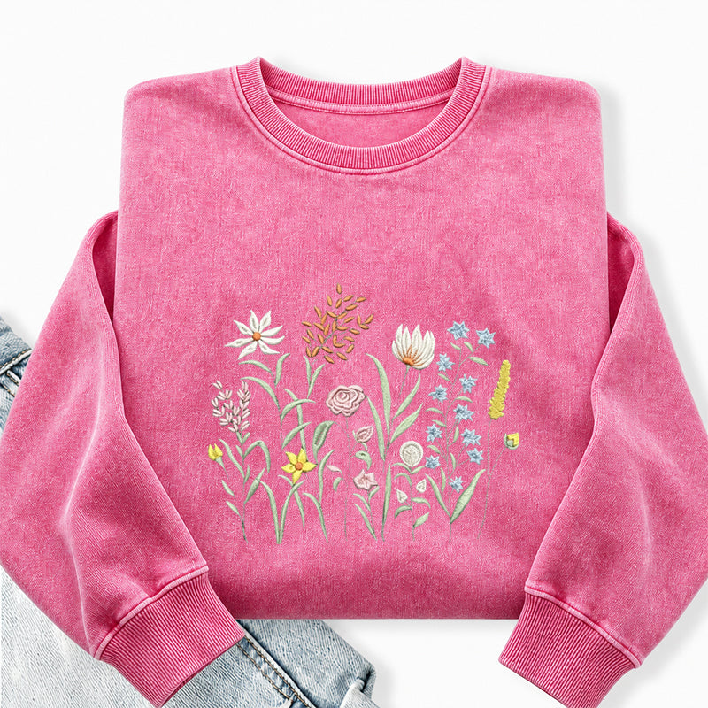 Embroidered Cute Wildflowers Washed Crewneck Sweatshirt
