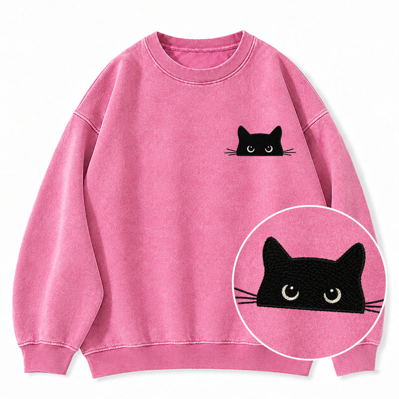 Embroidered Peeking Black Cat Washed Crewneck Sweatshirt