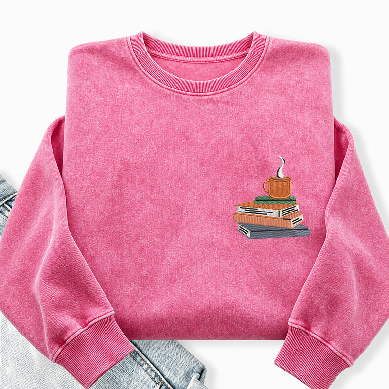 Embroidered Book And Coffee Washed Crewneck Sweatshirt