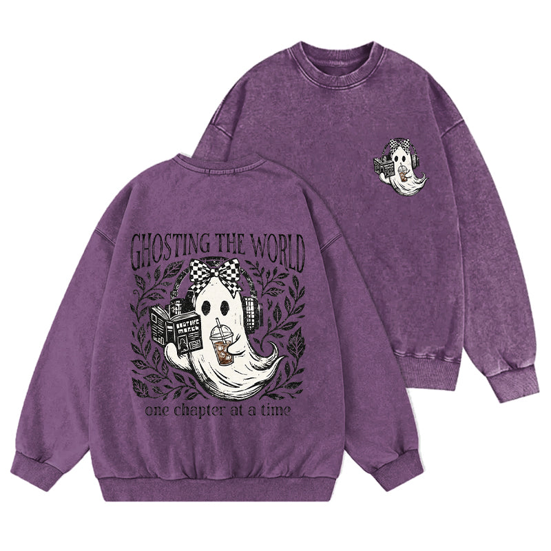 Funny Ghosting The World Reading Washed Crewneck Sweatshirt