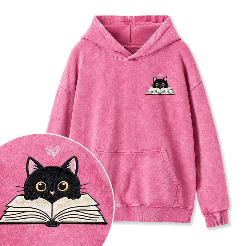 Embroidered Reading Black Cat Washed Hoodie
