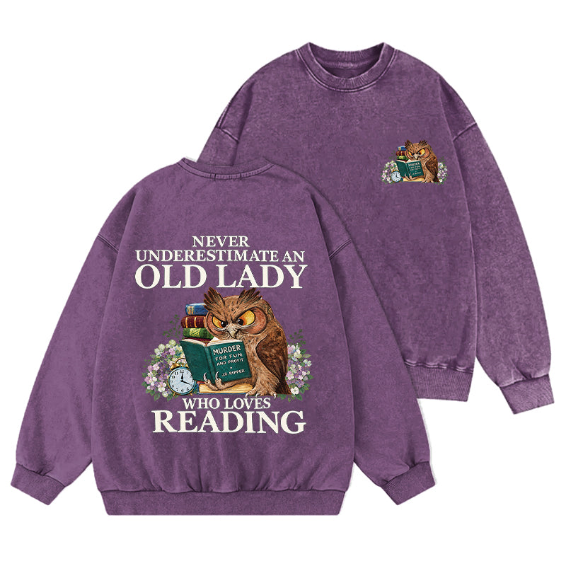 Funny Owl Old Lady Loves Reading Washed Crewneck Sweatshirt
