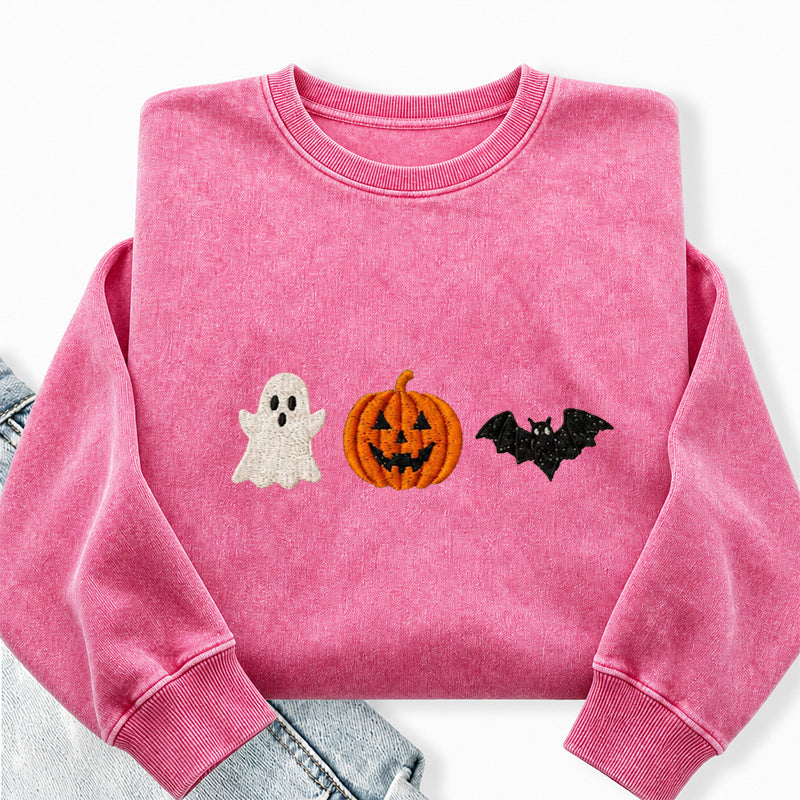 Embroidered Holloween Ghost Pumpkin Bat Washed Crewneck Sweatshirt