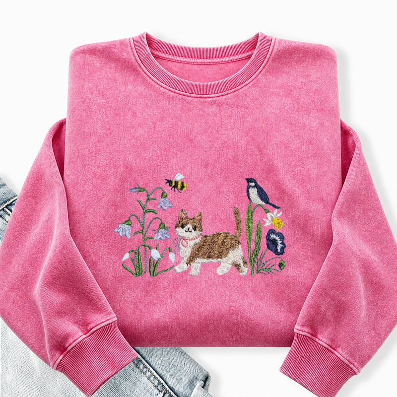 Embroidered Cat Wild Flower Washed Crewneck Sweatshirt
