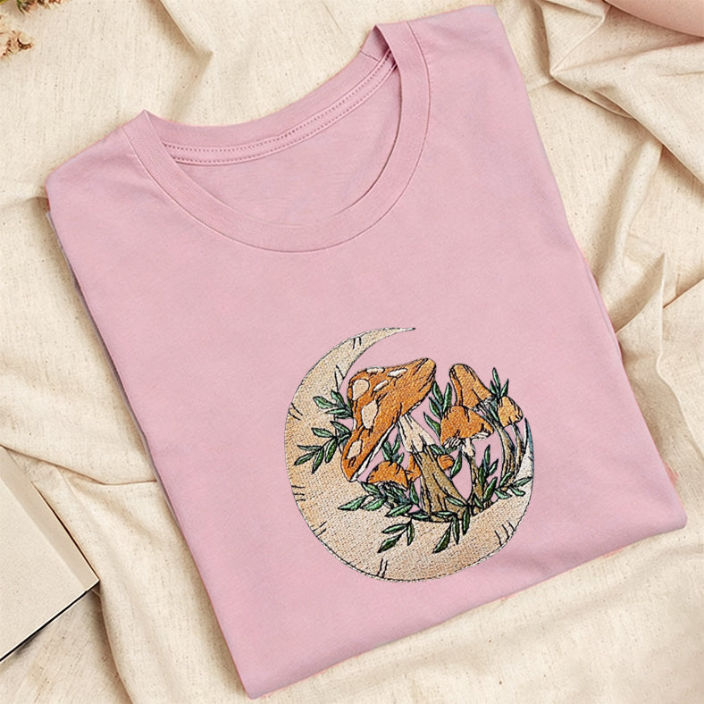 Embroidered Mushroom Moon Classic Adult Unisex Crew Neck T-Shirt