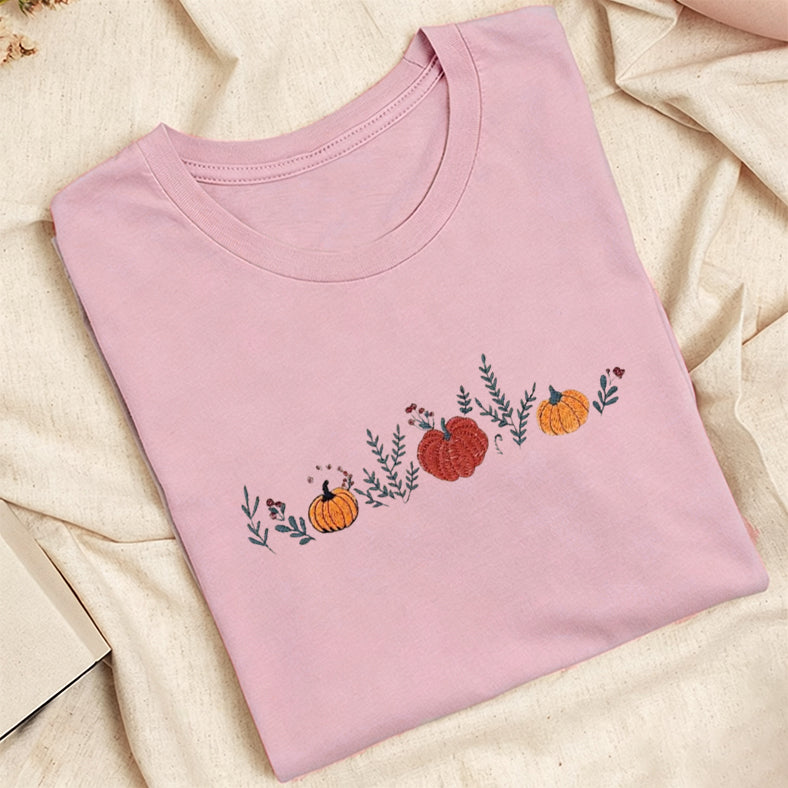 Embroidered Fall Enchanted Pumpkins Classic Adult Unisex Crew Neck T-Shirt
