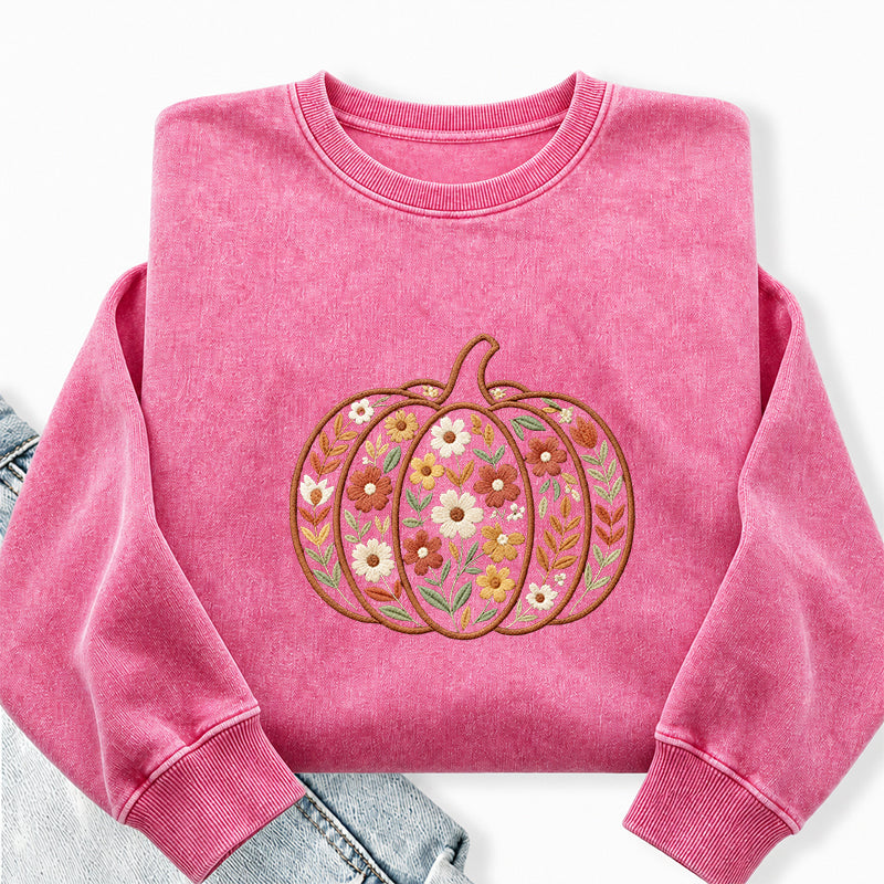 Embroidered Floral Pumpkin Washed Crewneck Sweatshirt