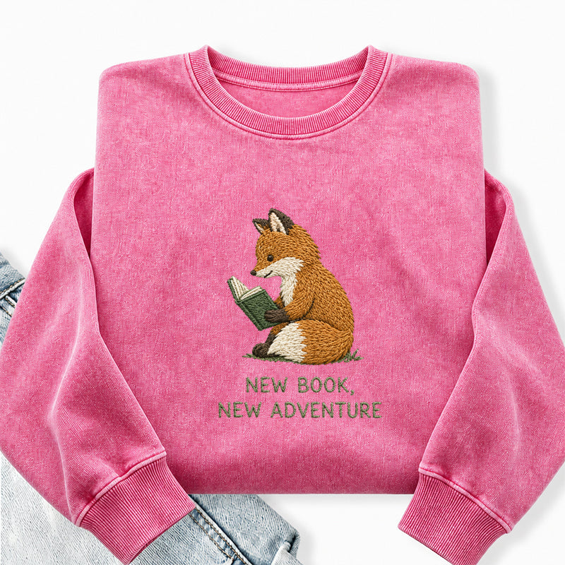 Embroidered New Book New Adventure Washed Crewneck Sweatshirt