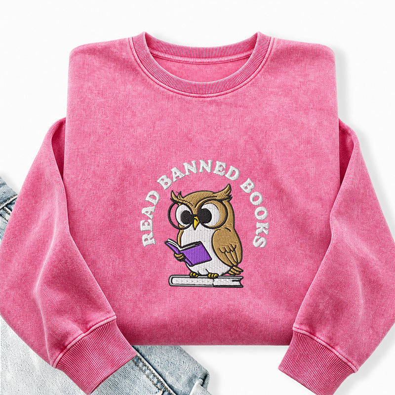 Embroidered Read Banned Books Owl Washed Crewneck Sweatshirt