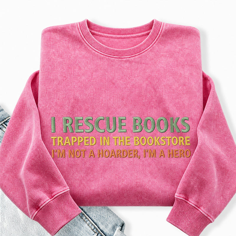 Embroidered I Rescue Books Washed Crewneck Sweatshirt