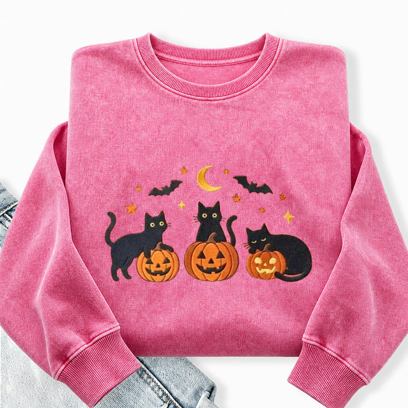 Embroidered Black Cat Pumpkins Washed Crewneck Sweatshirt