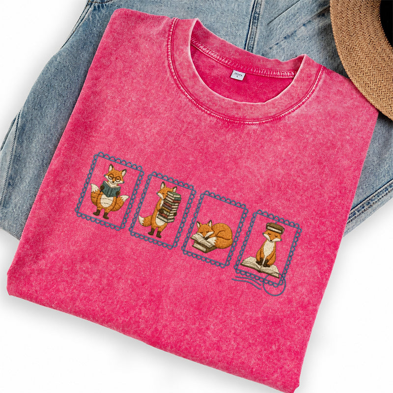 Embroidered Fox Reading Washed Crew Neck T-Shirt