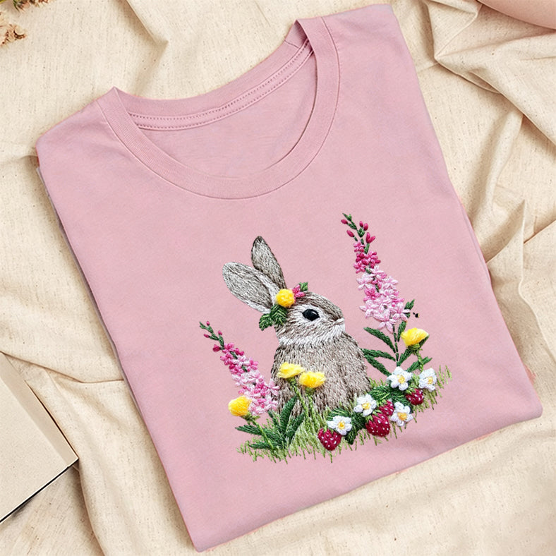 Embroidered Rabbit and Strawberries Classic Adult Unisex Crew Neck T-Shirt