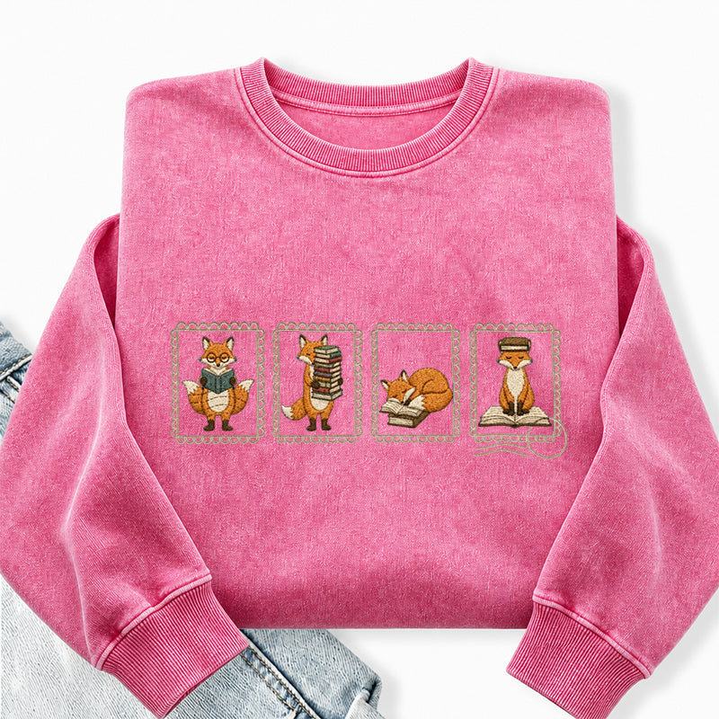 Embroidered Bookish Fox Washed Crewneck Sweatshirt