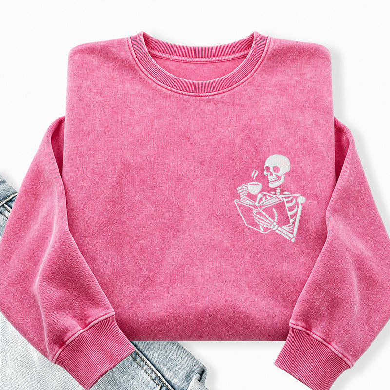 Embroidered Skeleton Coffee And Books Washed Crewneck Sweatshirt