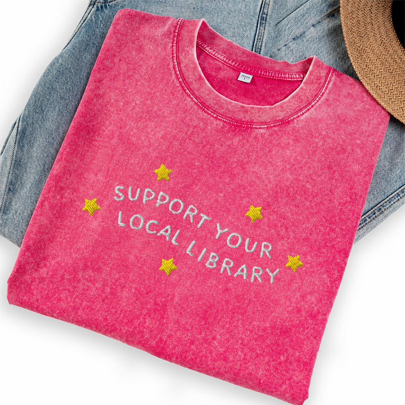 Embroidered Support Your Local Library Washed Crew Neck T-Shirt