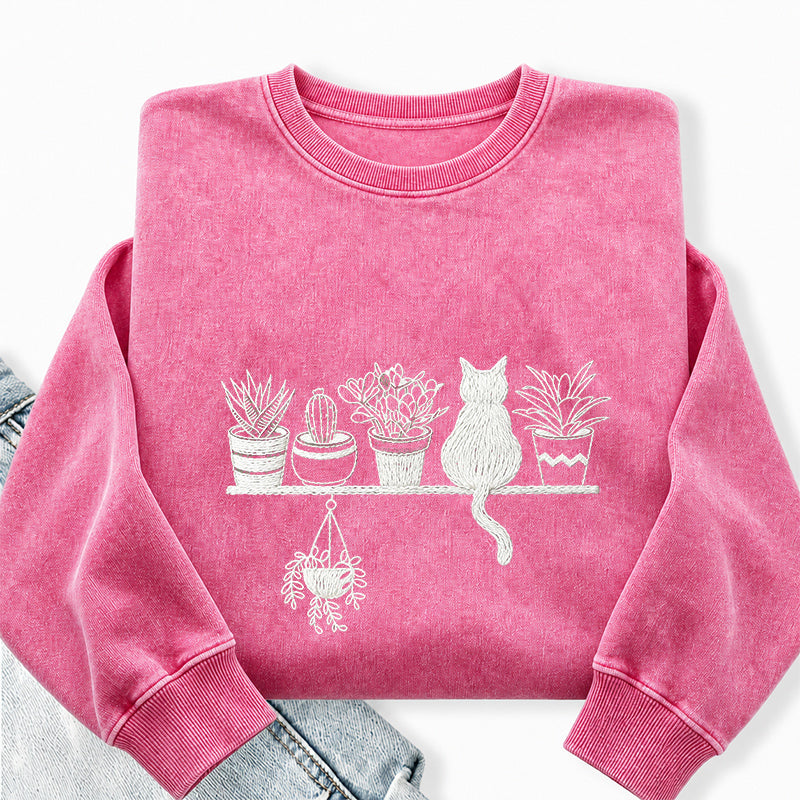 Embroidered Cats And Plants Washed Crewneck Sweatshirt