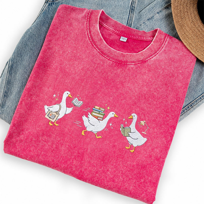 Embroidered Goose Reading Books Washed Crew Neck T-Shirt