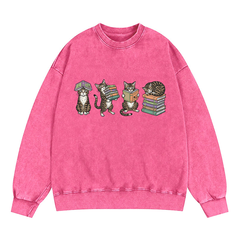 Cats Reading Books Washed Crewneck Sweatshirt