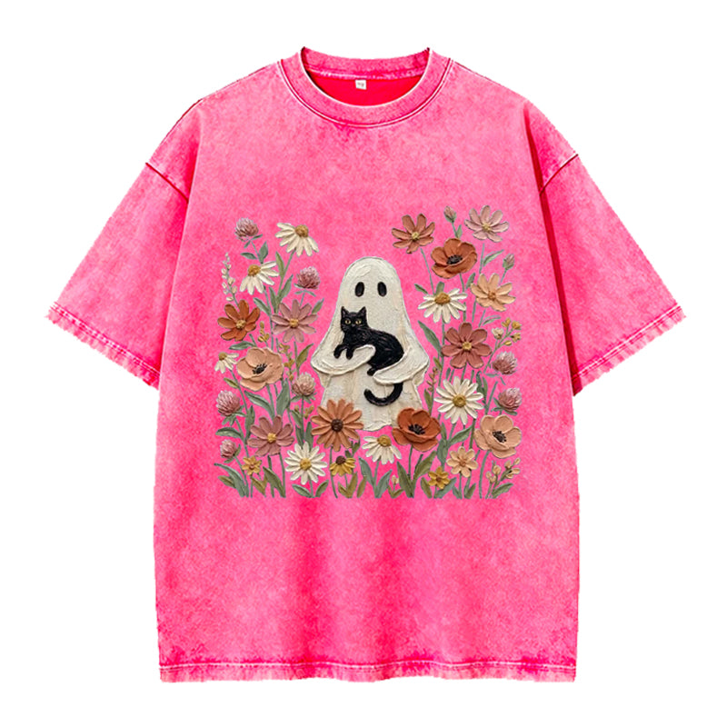 Black Cat Floral Ghost Washed Crew Neck T-Shirt