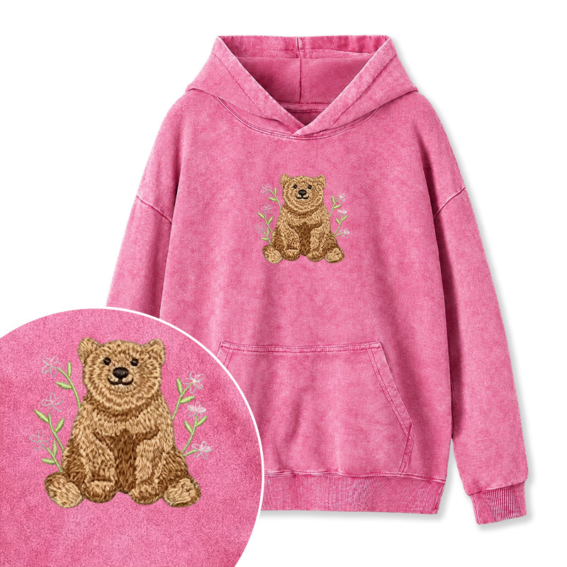 Embroidered Floral Bear Washed Hoodie