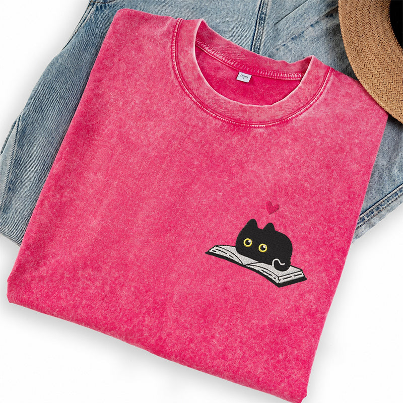 Embroidered Black Cat And Book Washed Crew Neck T-Shirt