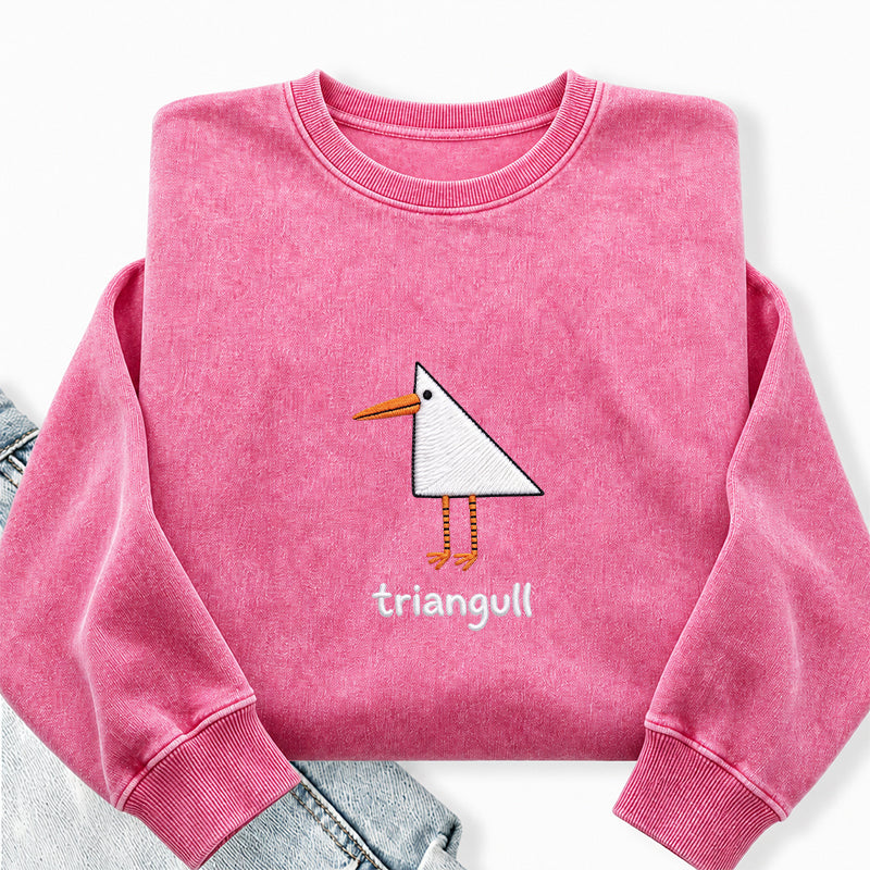 Embroidered Funny Triangull Seagull Washed Crewneck Sweatshirt