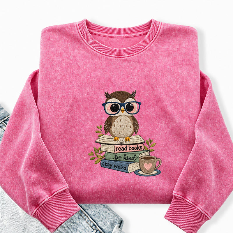 Embroidered Read Books Be Kind Owl Washed Crewneck Sweatshirt