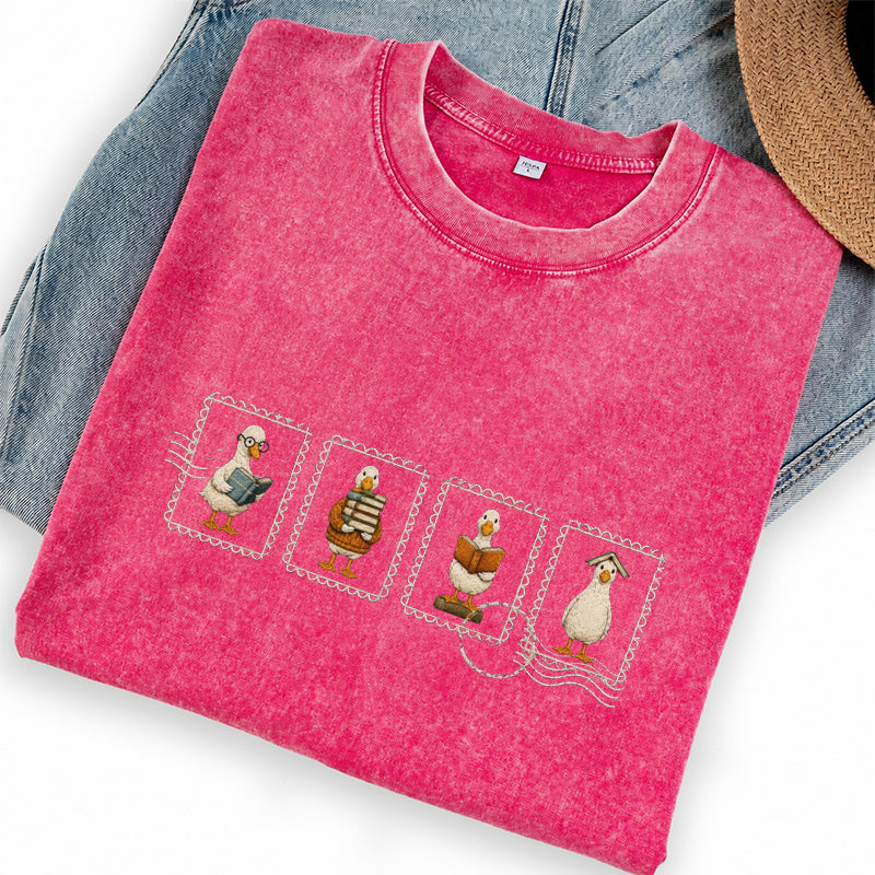 Embroidered Silly Goose Reading Washed Crew Neck T-Shirt