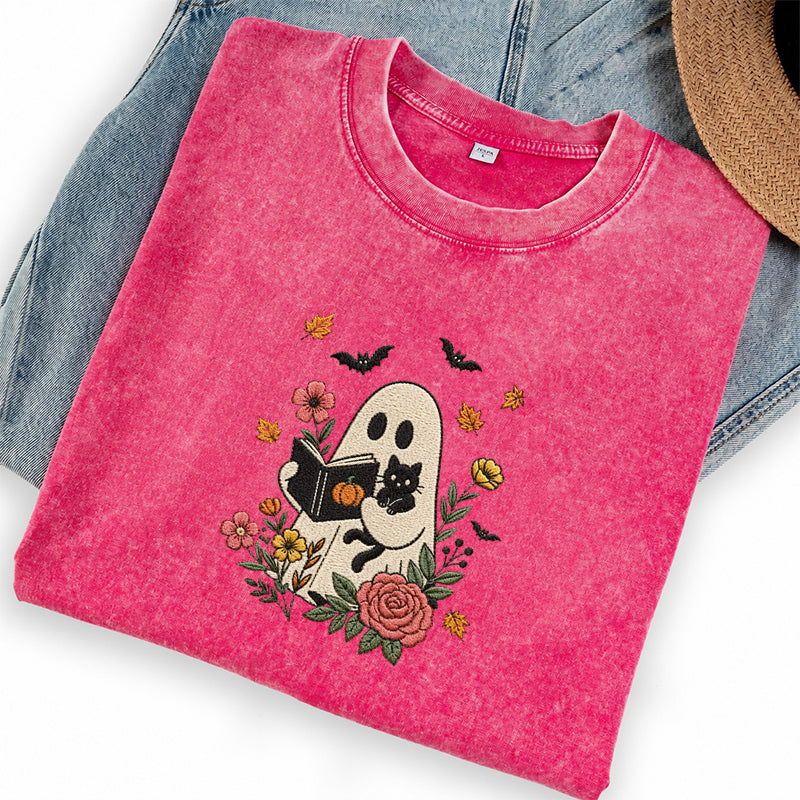 Embroidered Floral Ghost Reading Washed Crew Neck T-Shirt