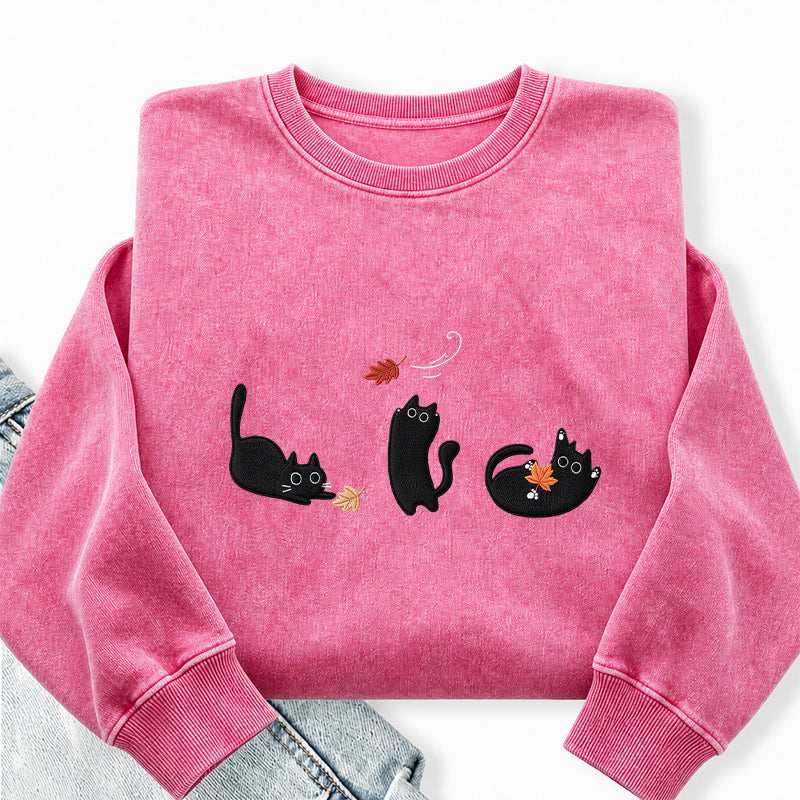 Embroidered Black Cats and Fall Leaves Washed Crewneck Sweatshirt