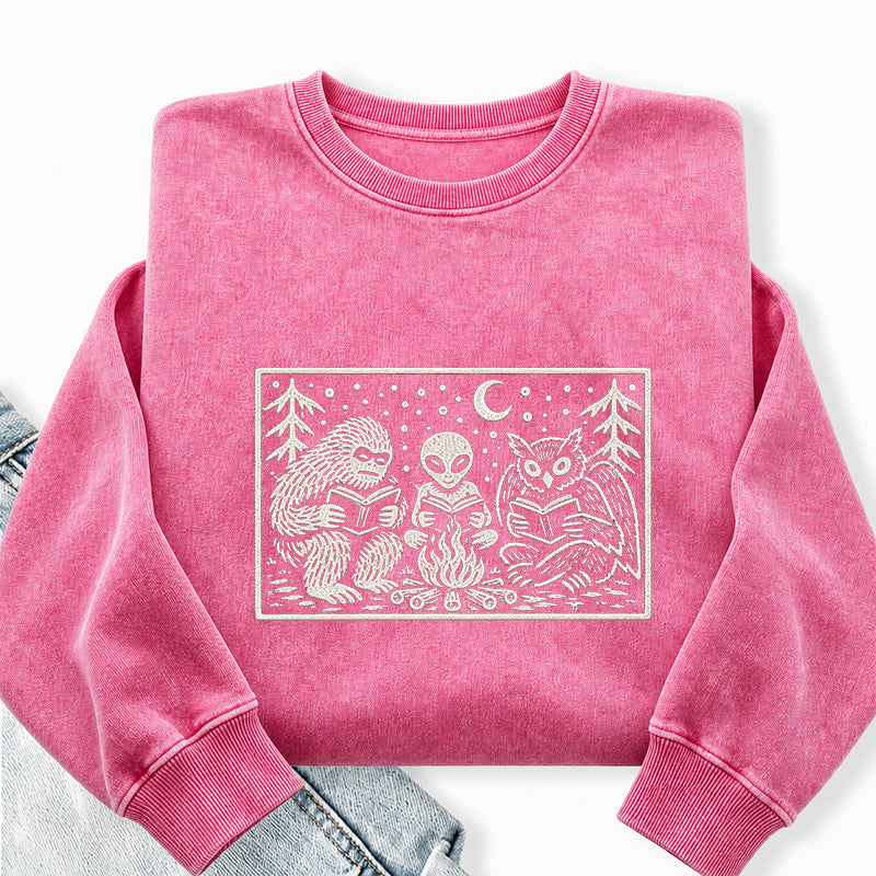 Embroidered Cryptid Book Club Washed Crewneck Sweatshirt