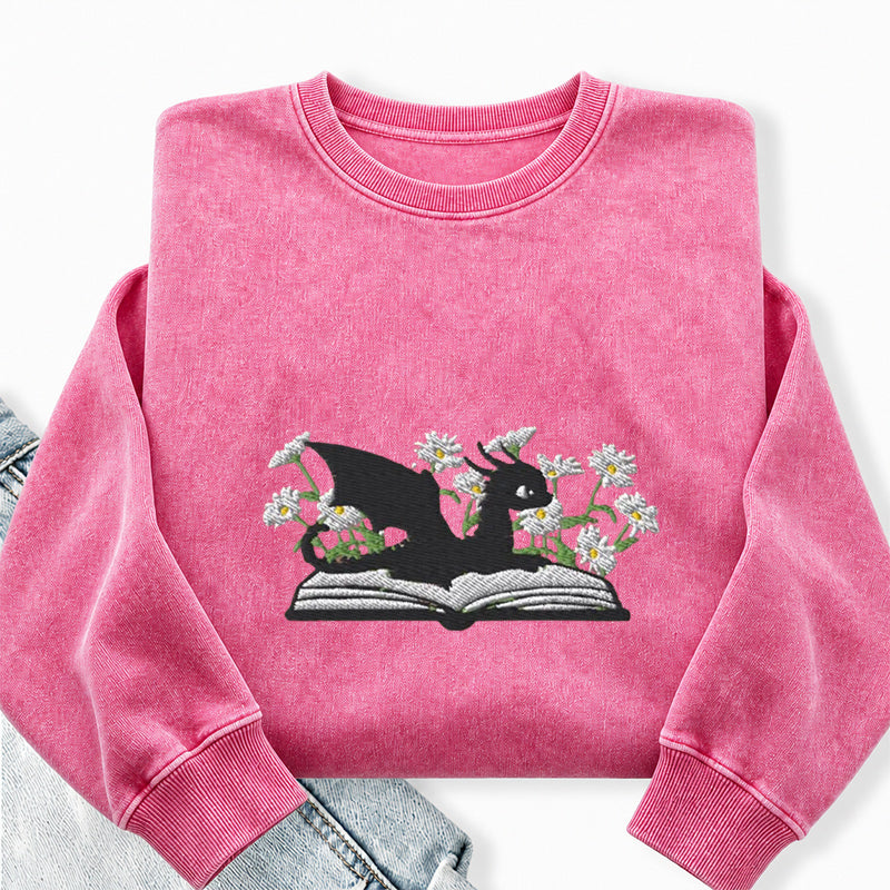 Embroidered Floral Dragon Book Washed Crewneck Sweatshirt