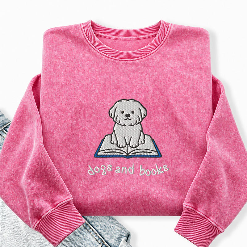 Embroidered Dogs And Books Washed Crewneck Sweatshirt