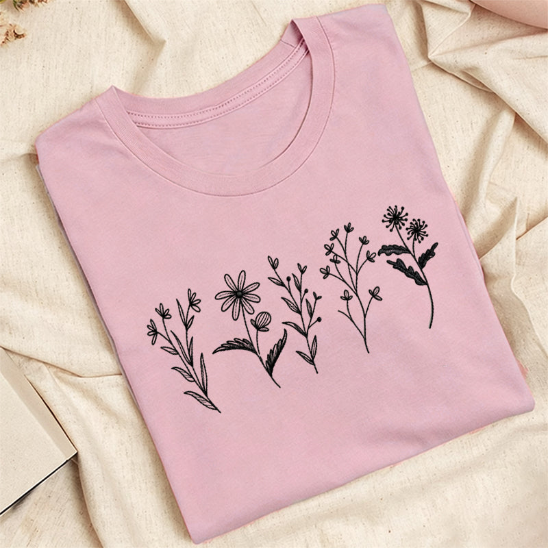 Embroidered Flower Lines Classic Adult Unisex Crew Neck T-Shirt