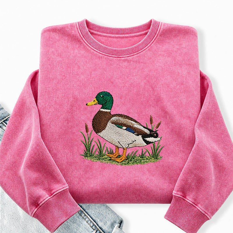 Embroidered Mallard Duck Washed Crewneck Sweatshirt