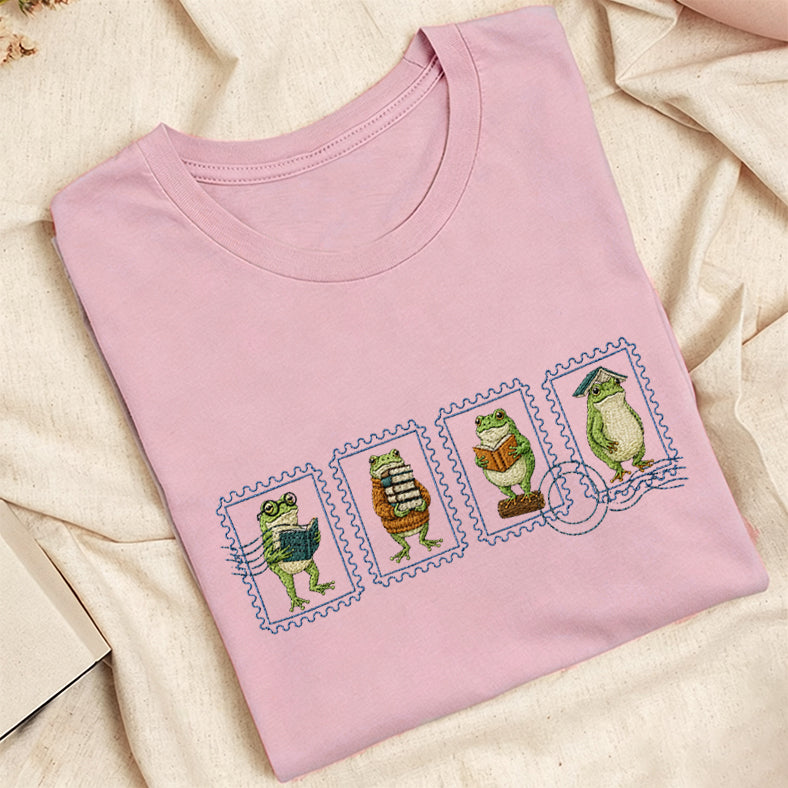 Embroidered Bookish Frog Stamp Classic Adult Unisex Crew Neck T-Shirt