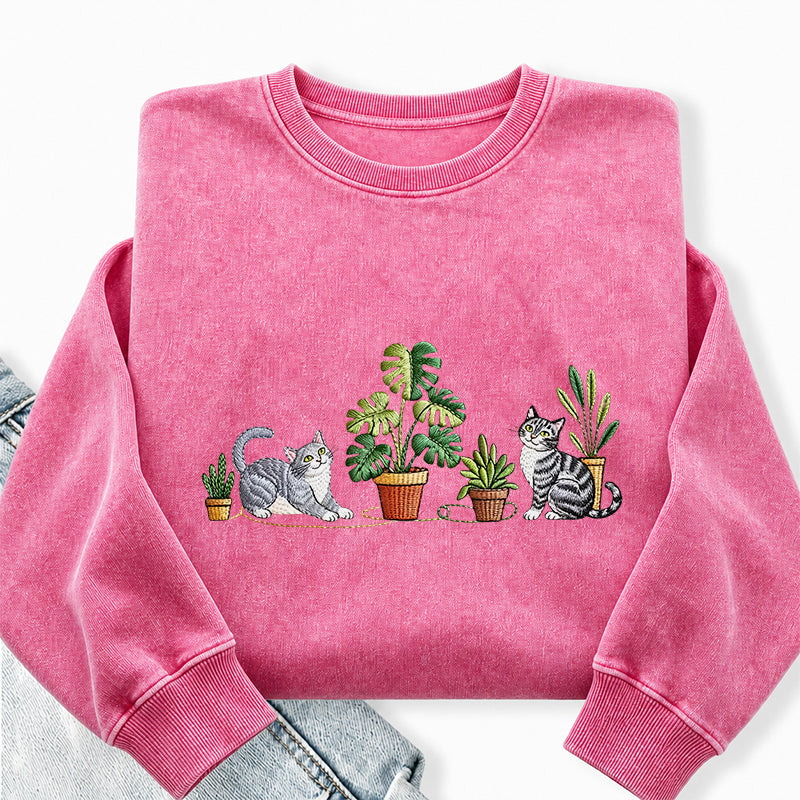 Embroidered Plants And Cat Washed Crewneck Sweatshirt
