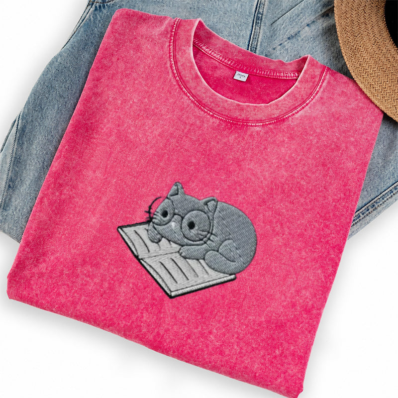 Embroidered Cat On Book Washed Crew Neck T-Shirt